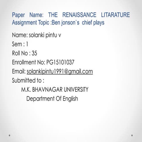 Ben jonson`s chief plays