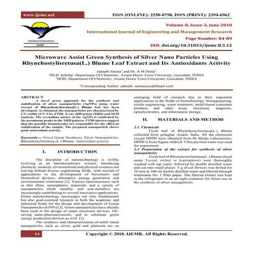 Microwave Assist Green Synthesis of Silver Nano Particles Using Rhynchostylis...