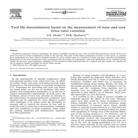 Tool life determination based on the measurement of wear and tool force ratio...