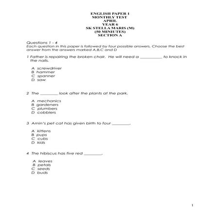 Paper 1 set 1 april test yr 6 2013 | DOC