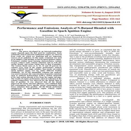 Performance and Emissions Analysis of N-Butanol Blended with Gasoline in Spar...