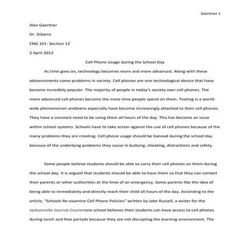 Cell Phone Usage During the School Day- Draft 1