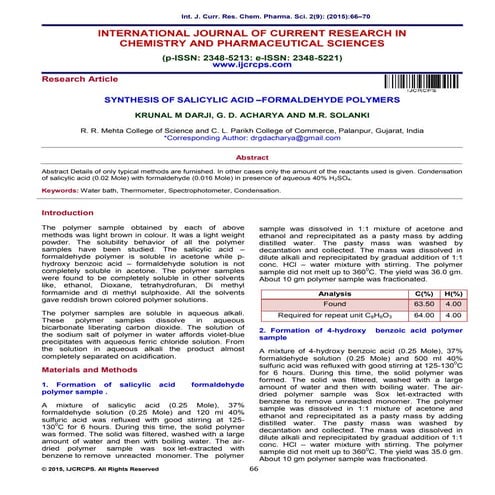 SYNTHESIS OF SALICYLIC ACID –FORMALDEHYDE POLYMERS