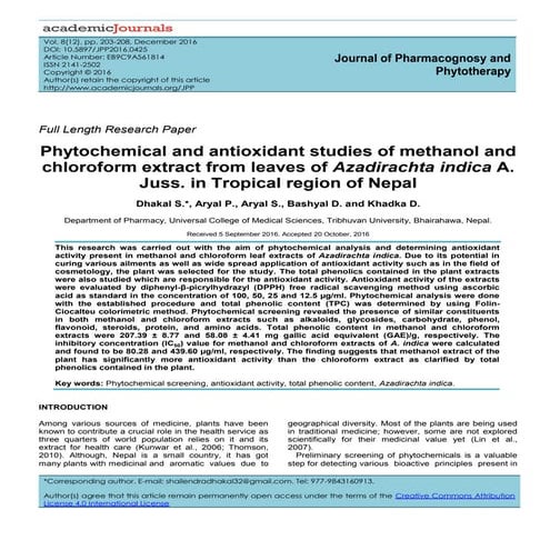 Phytochemical and antioxidant studies of methanol and chloroform extract from...