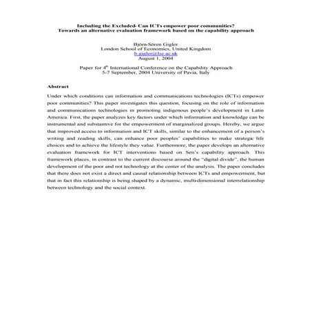 Including the Excluded Can ICTs empower poor communities? Towards an ...