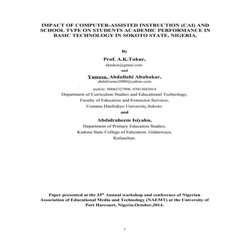 IMPACT OF CAI AND SCHOOL TYPE ON ACADEMIC PERFORMANCE OF STUDENTS IN BASIC TE...