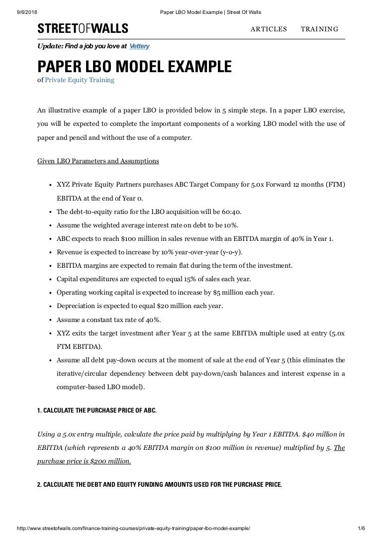 Paper LBO model example