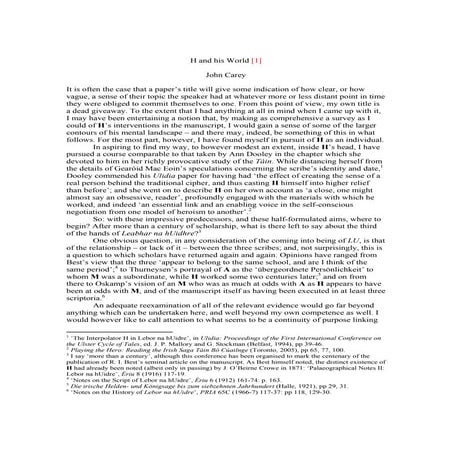 Paper with References for H and his World - Dr. John Carey, MRIA, Dept. of Early & Medieval Irish, UCC