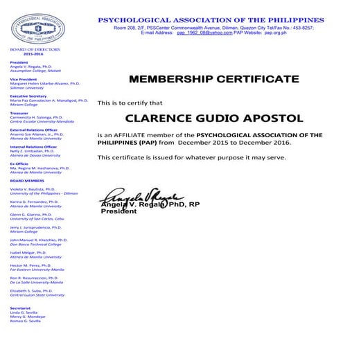 Psychological Association of the Philippines Membership 2015-2016