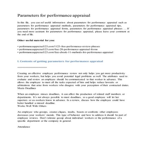 Parameters for performance appraisal
