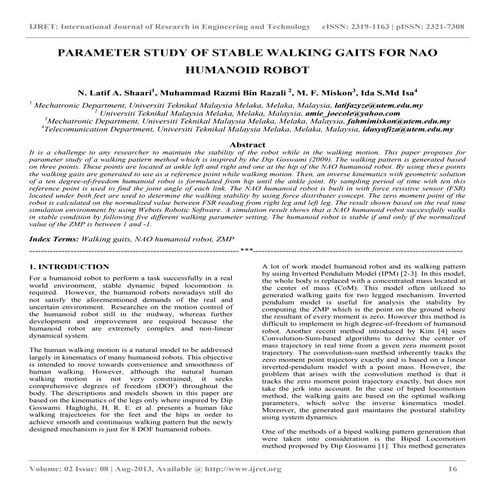 Parameter study of stable walking gaits for nao humanoid robot