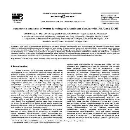 Parametric analysis of the warm forming of aluminum blanks with fea and doe