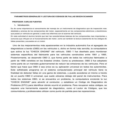 Parametros generales y lectura de codigos de fallas segun scanner