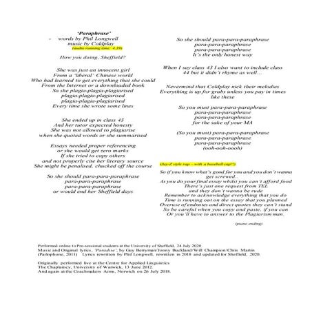 Paraphrase 2020 -  lyrics and chords (Sheffield version)