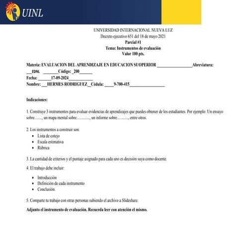 INSTRUMENTO DE EVALUCION PARCIAL #1  EVALUACION DEL APRENDIZAJE