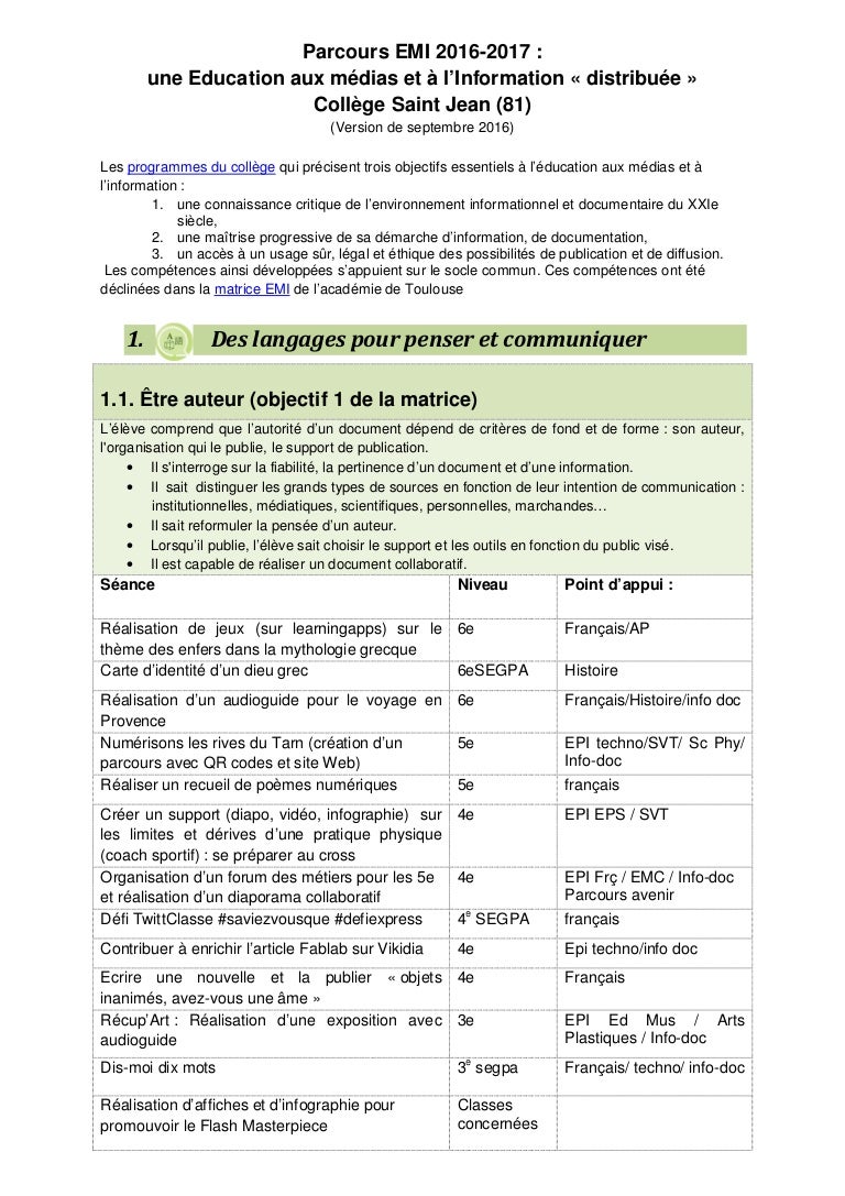 Parcours Emi 16 17 College Saint Jean
