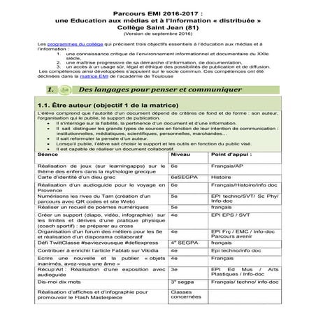 Parcours EMI 2016/17 : Collège Saint Jean