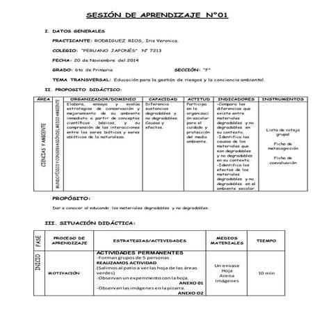 Sesión de aprendizaje de Ciencias y ambiente 