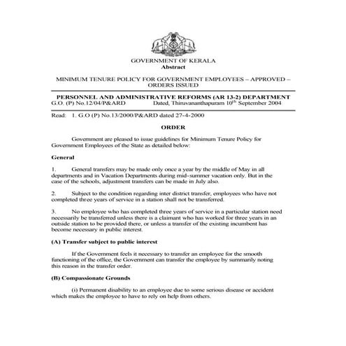 Kerala- Minimum tenure policy for transfer for government employees. | PDF