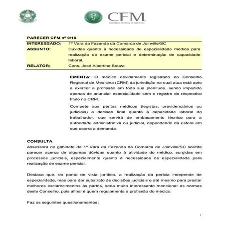 Parecer sobre a especialidade do médico perito para realizar a perícia médica - Waldemar Ramos Junior