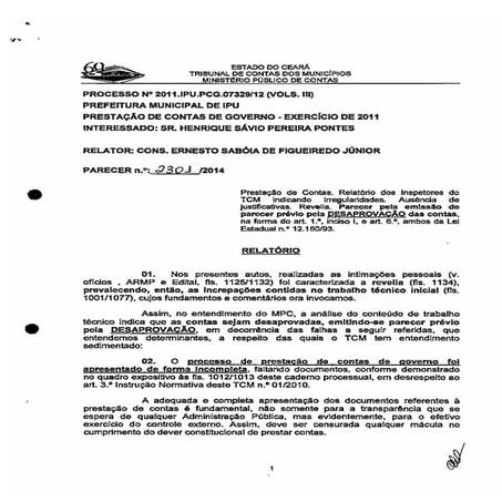  Desaprovação das Prestações de Contas de Governo – Exercícios de 2011