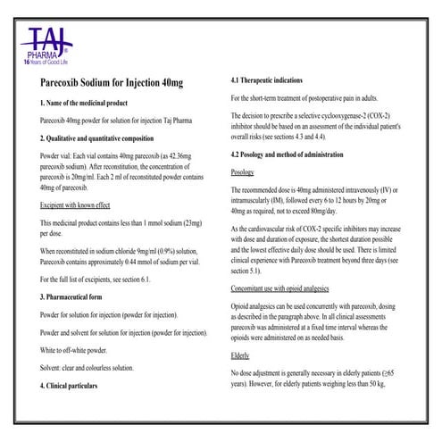 Parecoxib Sodium for Injection Taj Pharma SmPC