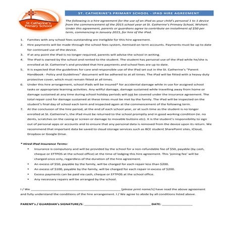 Parent agreement - iPad hire at St Catherine's