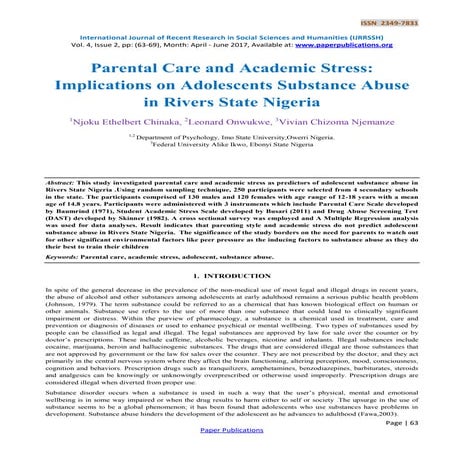 Parental Care and Academic Stress: Implications on Adolescents Substance Abuse in Rivers State Nigeria