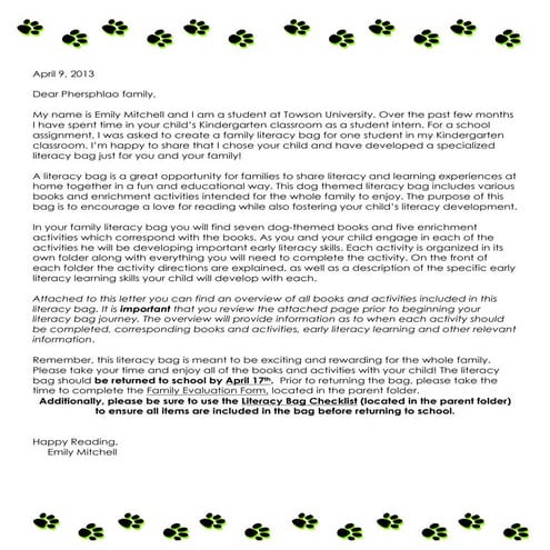 Eced 360 literacy bag family introduction letter | DOCX