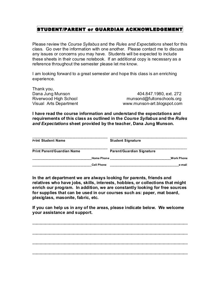 Parent Student Signature Sheet 2009