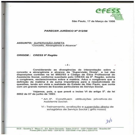Parecer jurídico CFESS 12/98