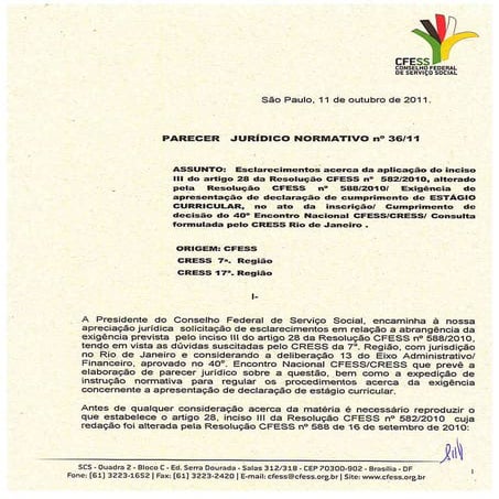 Parecer jurídico normativo 36 2011 CFESS