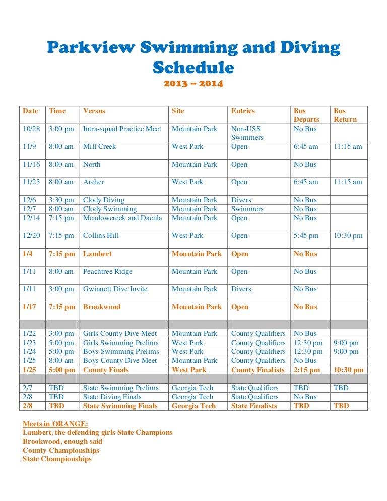 20132014 Parkview swim & dive schedule