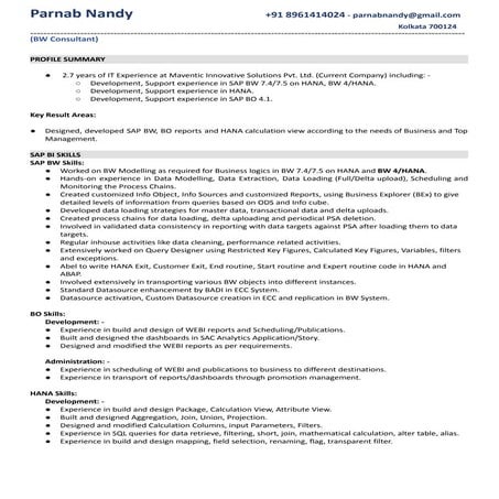 Parnab Nandy SAP BW Consultant Resume 