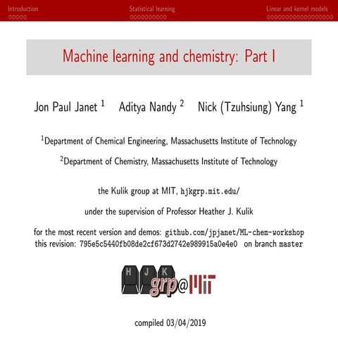 Machine Learning in Chemistry: Part I