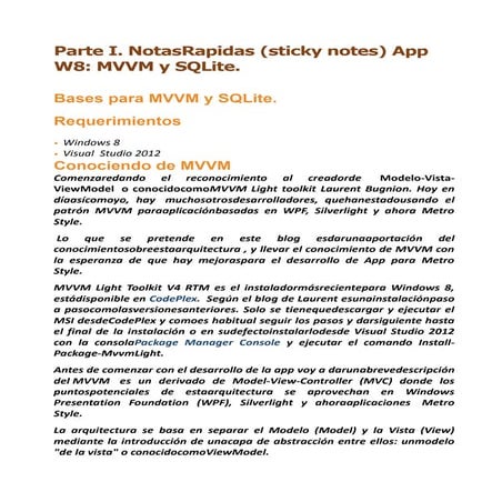Parte I. Notas Rapidas (sticky notes) App w8: MVVM y SQLite