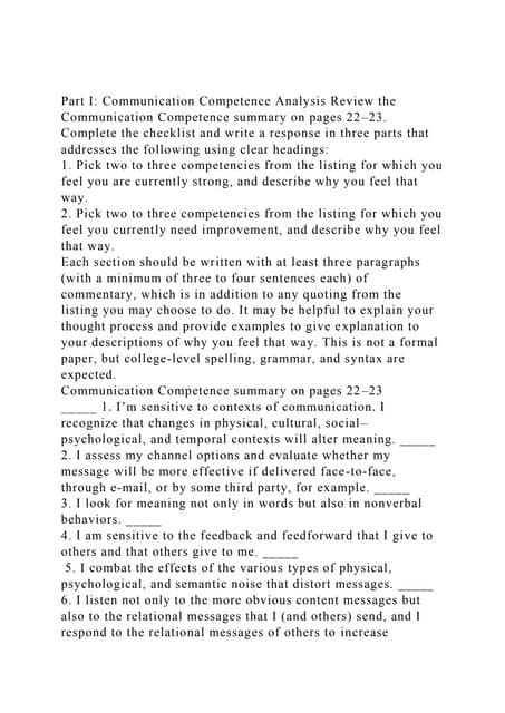 Part I Communication Competence Analysis Review the Communication.docx
