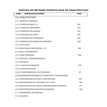 Partida de metrado especialidad de arquitectura