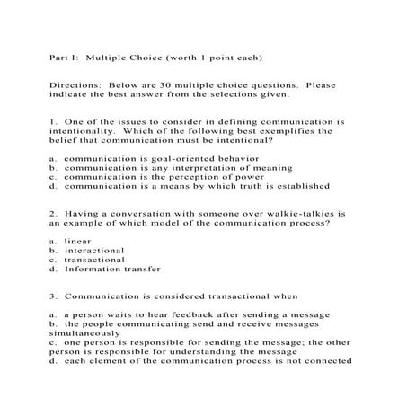 Part I  Multiple Choice (worth 1 point each)Directions  Be.docx