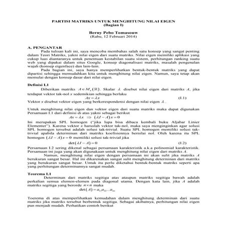 Partisi matriks untuk menghitung nilai eigen (Bagian I)