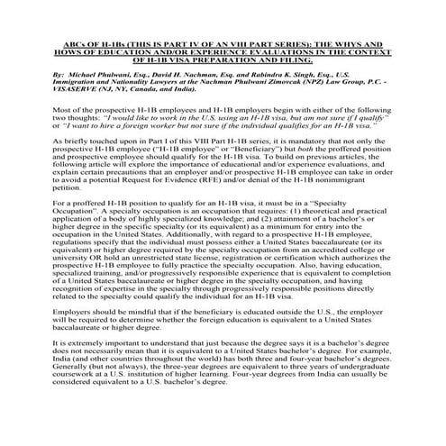 ABCs OF H-1Bs (THIS IS PART IV OF AN VIII PART SERIES): THE WHYS AND HOWS OF ...