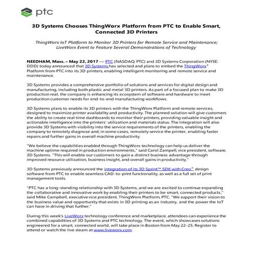 3D Systems Chooses ThingWorx Platform from PTC to Enable Smart, Connected 3D ...
