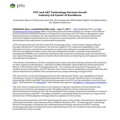 PTC and L&T Technology Services Unveil  Industry 4.0 Center of Excellence