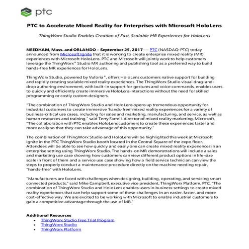 PTC to Accelerate Mixed Reality for Enterprises with Microsoft HoloLens