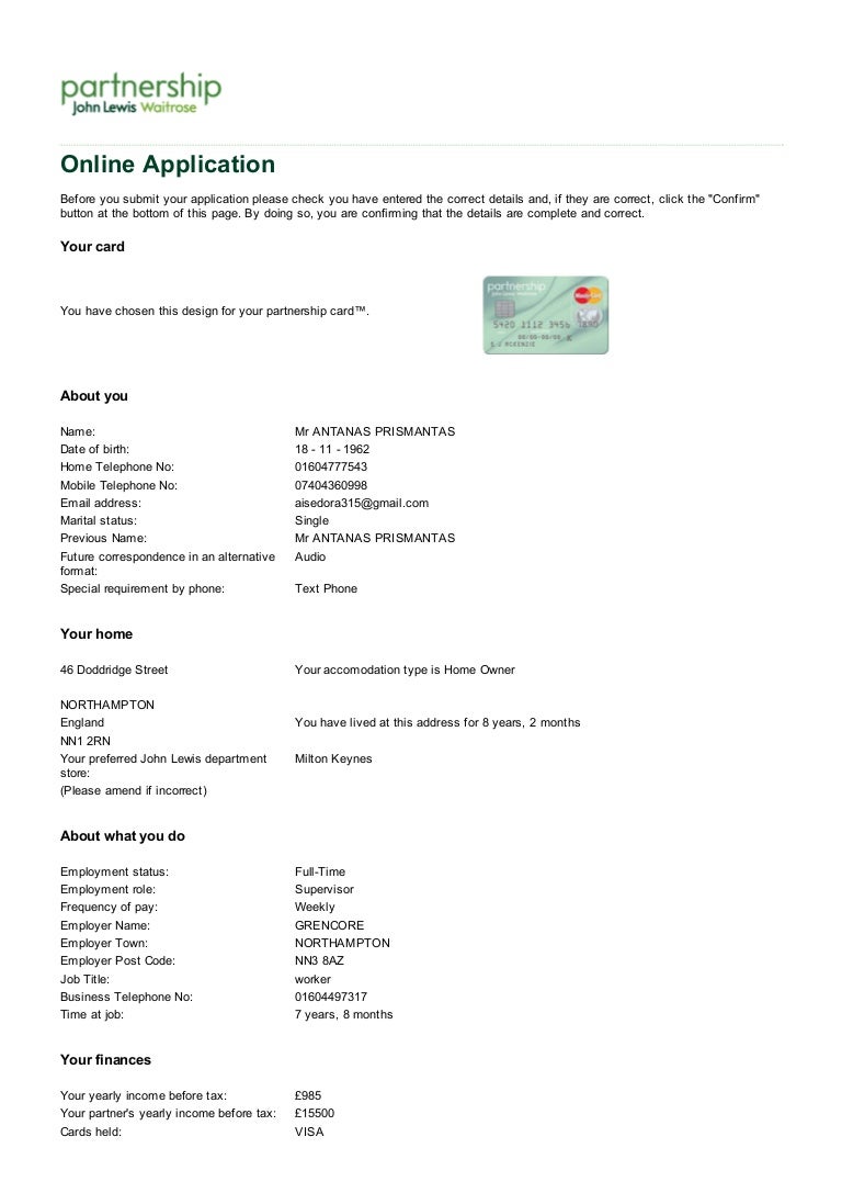 Partnership card john lewis financial services apply