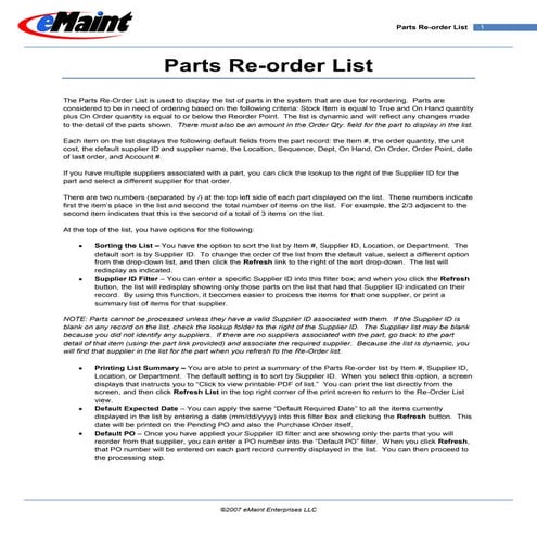 Parts Reorder List