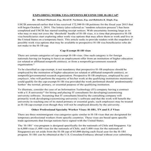EXPLORING WORK VISA OPTIONS BEYOND THE H-1B CAP