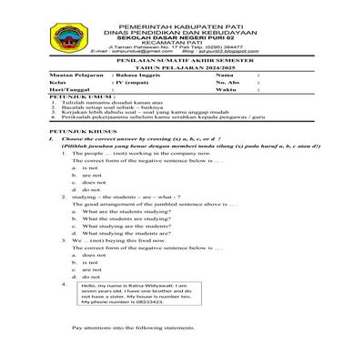 Penilaian Akhir Semester 1 Bahasa Inggris Kelas 4 Tahun 2024/2025 Kurikulum M...