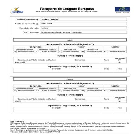 Pasaporte De Lenguas Europass | PDF