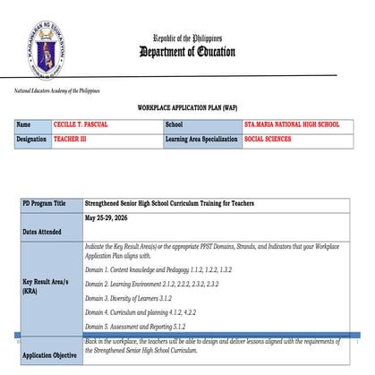 Workplace Application Plan for TLE Curriculum Leadership and ...